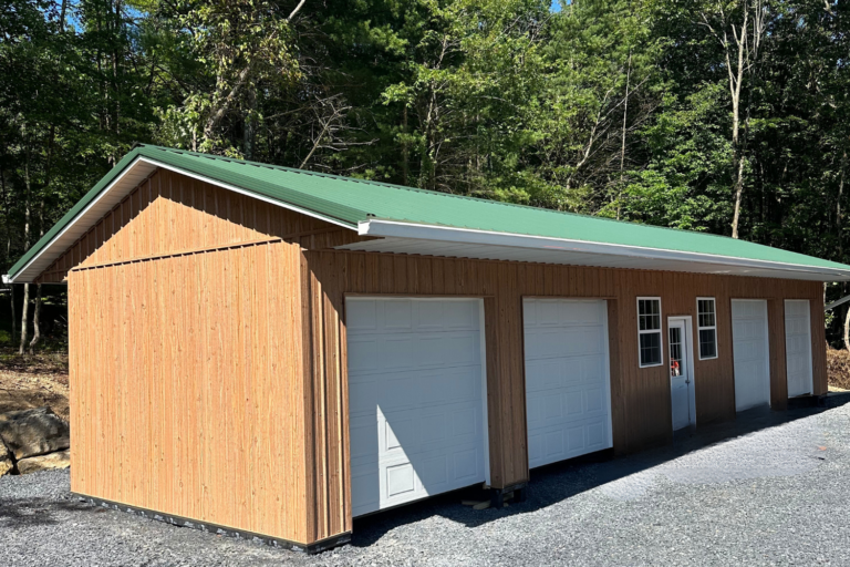Featured Project 11 Beige, Green, and white side and Front View of 16x60 Pole Barn Garage Project in Stroudsburg PA